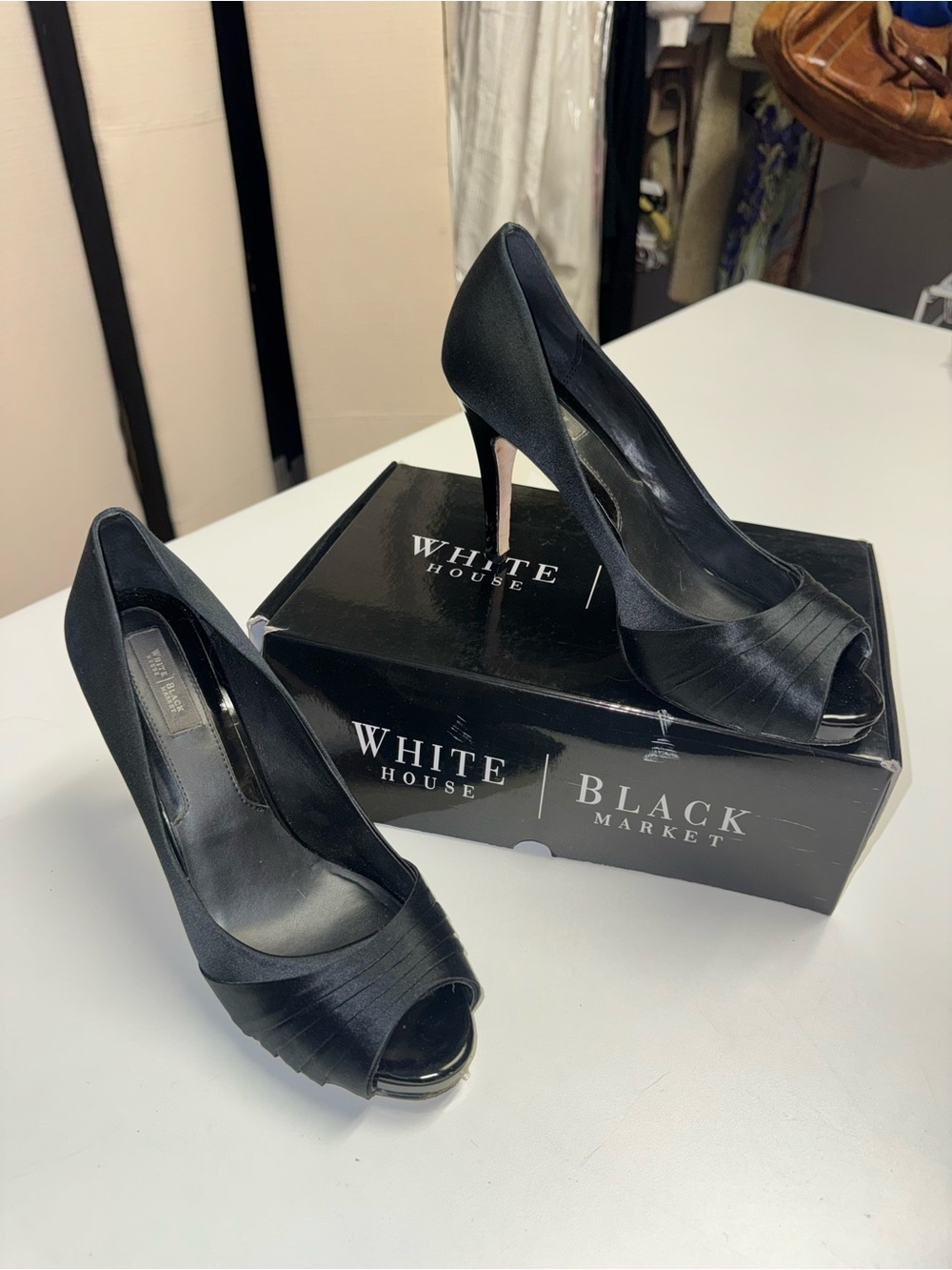 White House Black Market Black Satin Open-Toe Stiletto Heels